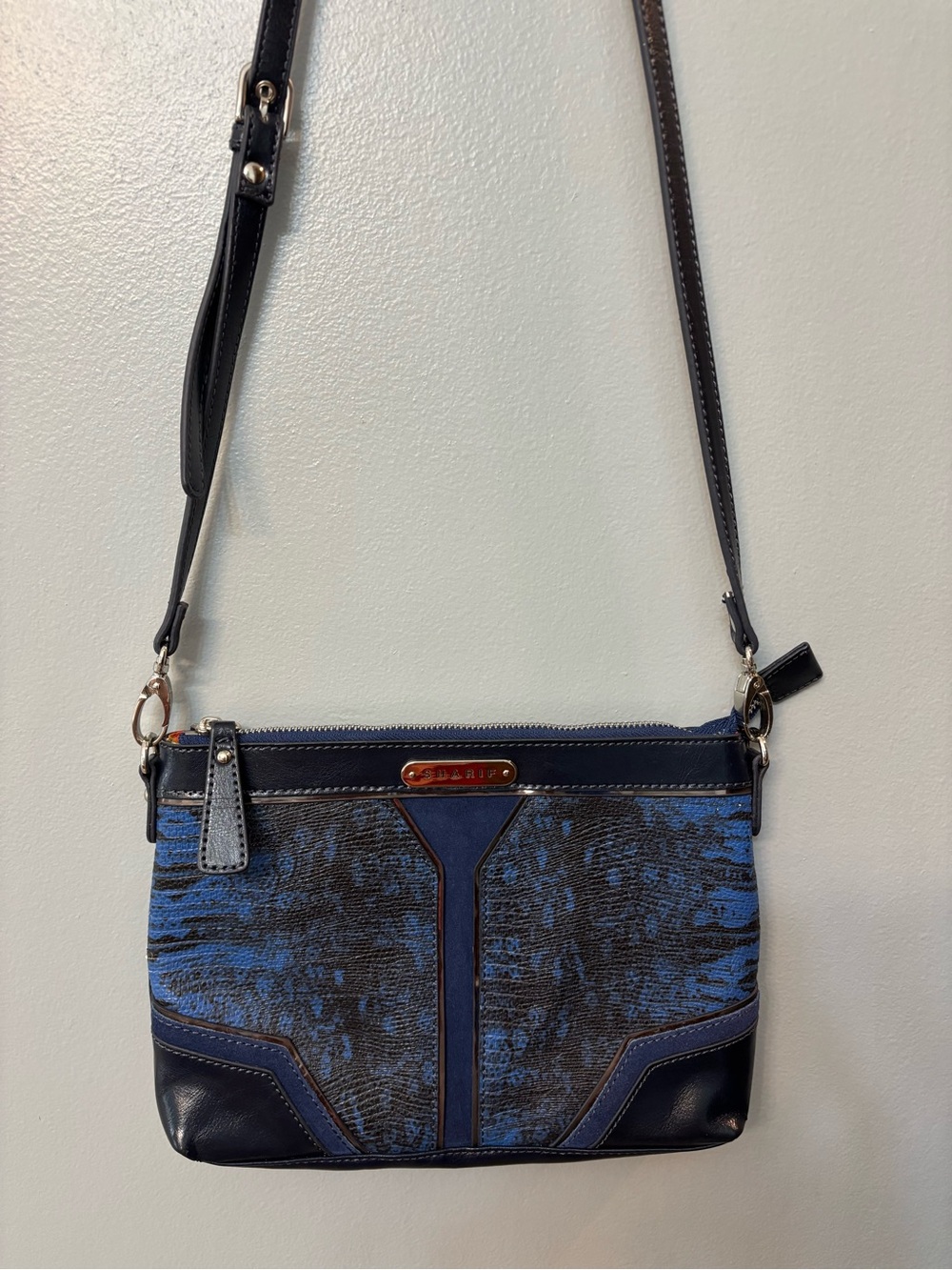 Sharif 1827 Leather Crossbody Bag, Blue and Black Animal Print